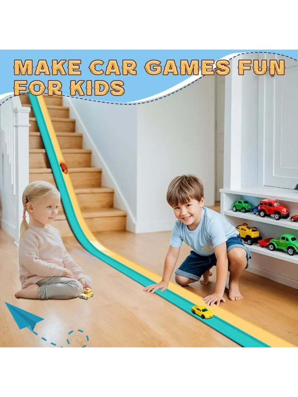 Flexible Race Car Track Set 15 Ft for Kids, Suction Cup Ramp, Compatible with